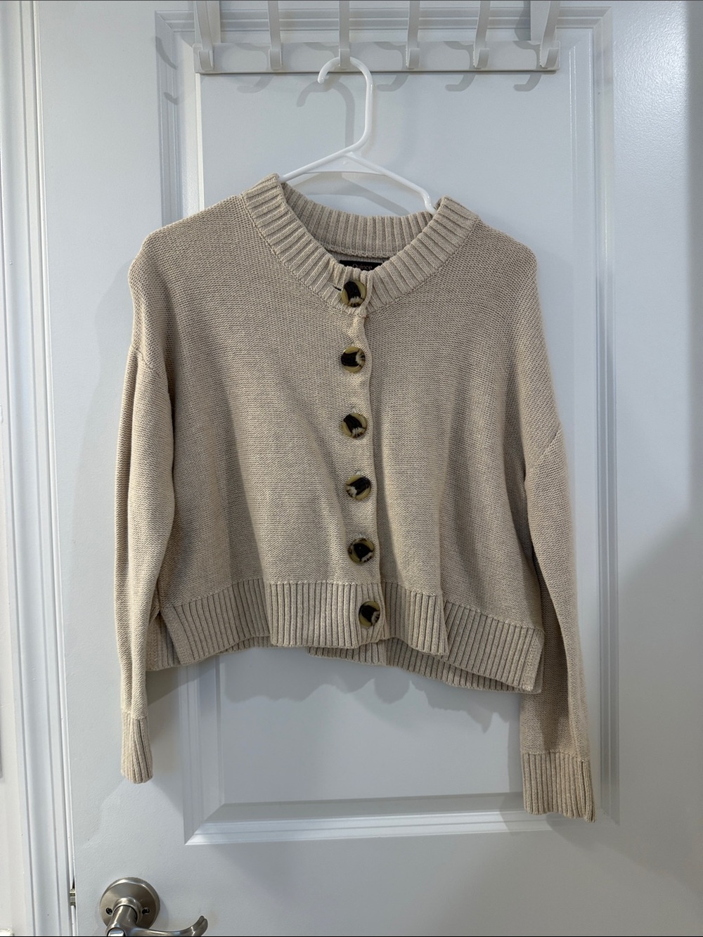 Quince 100% Organic Cropped Cotton Cardigan in speckled beige - Picture 3 of 4
